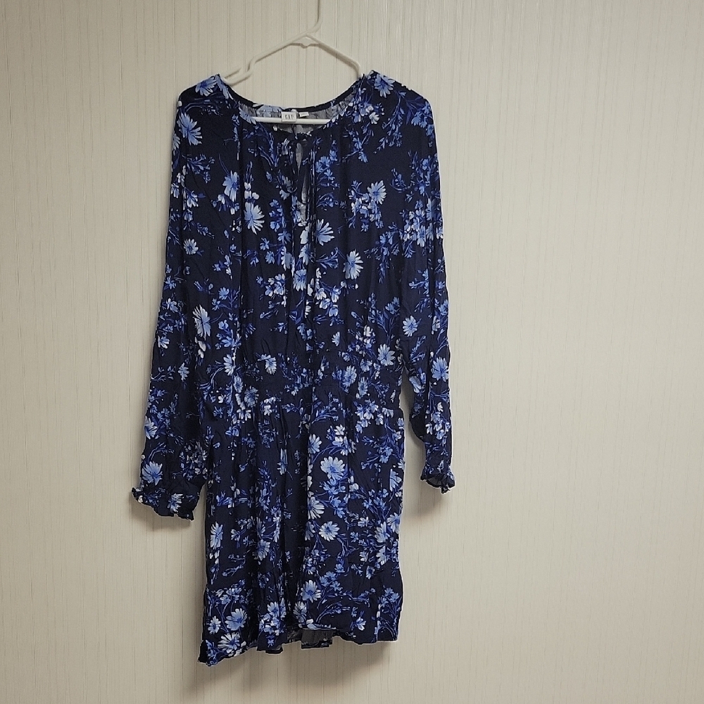 GAP Smocked Waist Navy Floral Long Sleeve Dress, Womens XL NWT - Picture 2 of 8